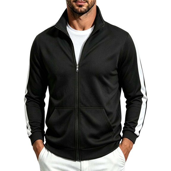 ZGRBOU Men's Track Jacket Side Striped Long Sleeve Jogging Sweat Casual Zip Up Stand Collar Athletic Top with Pockets
