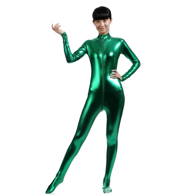 Traje de actuación en el escenario Zentai con medias recubiertas de pegamento y cremallera frontal para mujer, sin cabeza, cuello alto pequeño
