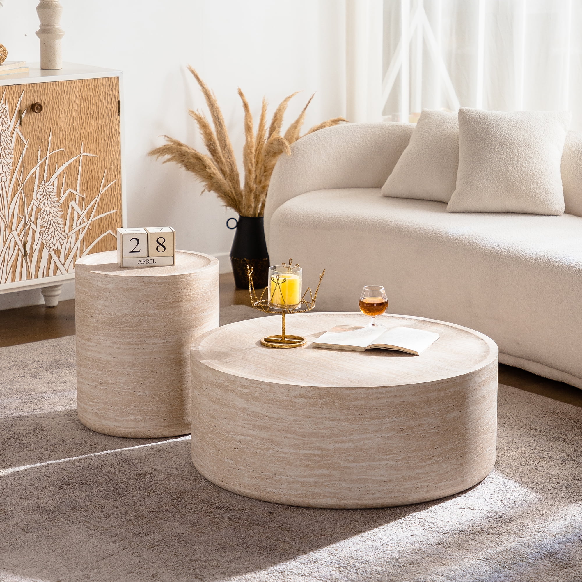 Leumius Round Coffee Table for Living Room, Modern Drum Circle Coffee Table for Bedroom, No Need Assembly Amber 2