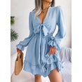 thumbnail image 6 of Women's Tie Front Smocked Waist Flounce Sleeve Mini Dress with Plunge Neckline Solid Color 100% Polyester Casual Chic, 6 of 12