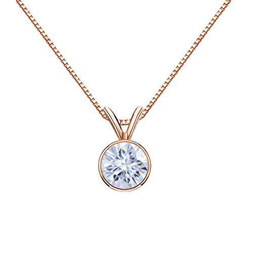 14K Rose Gold Round Bezel-set Solitaire Moissanite Pendant Necklace (1/2ct TGW, 5mm, G-H Color) 16 to 18-inch by Diamond Wish
