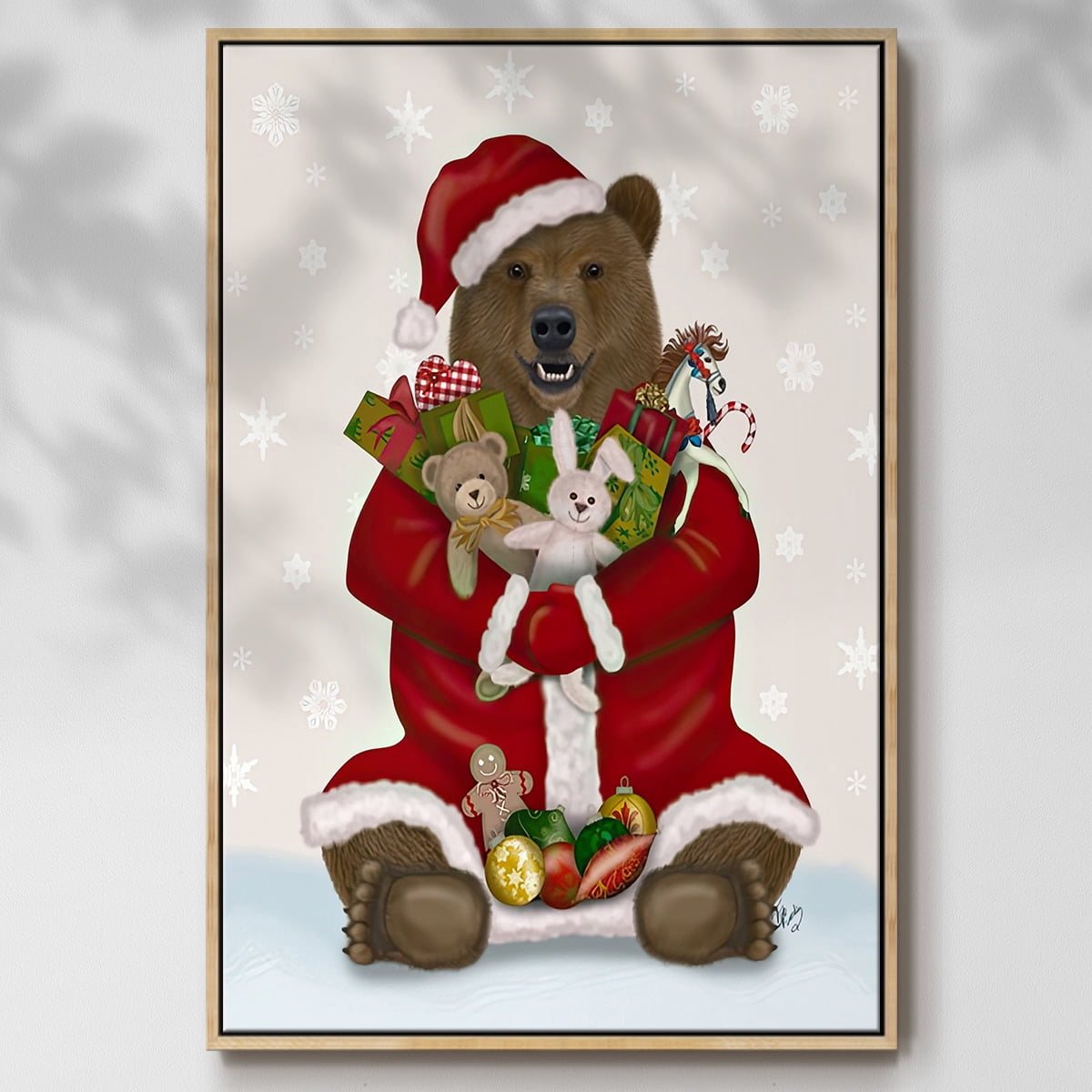 Christmas Christmas Present Bear Hug - Framed Gallery Wrapped Holiday Canvas - 27 x 41 - Natural Wood Frame