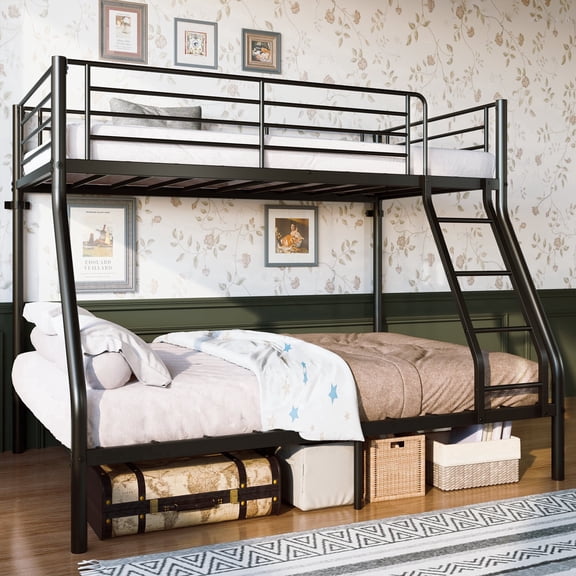 Morufur Twin over Full Metal Bunk Bed Frame with Safety Guardrail and Ladder for Teens Bedroom, Black