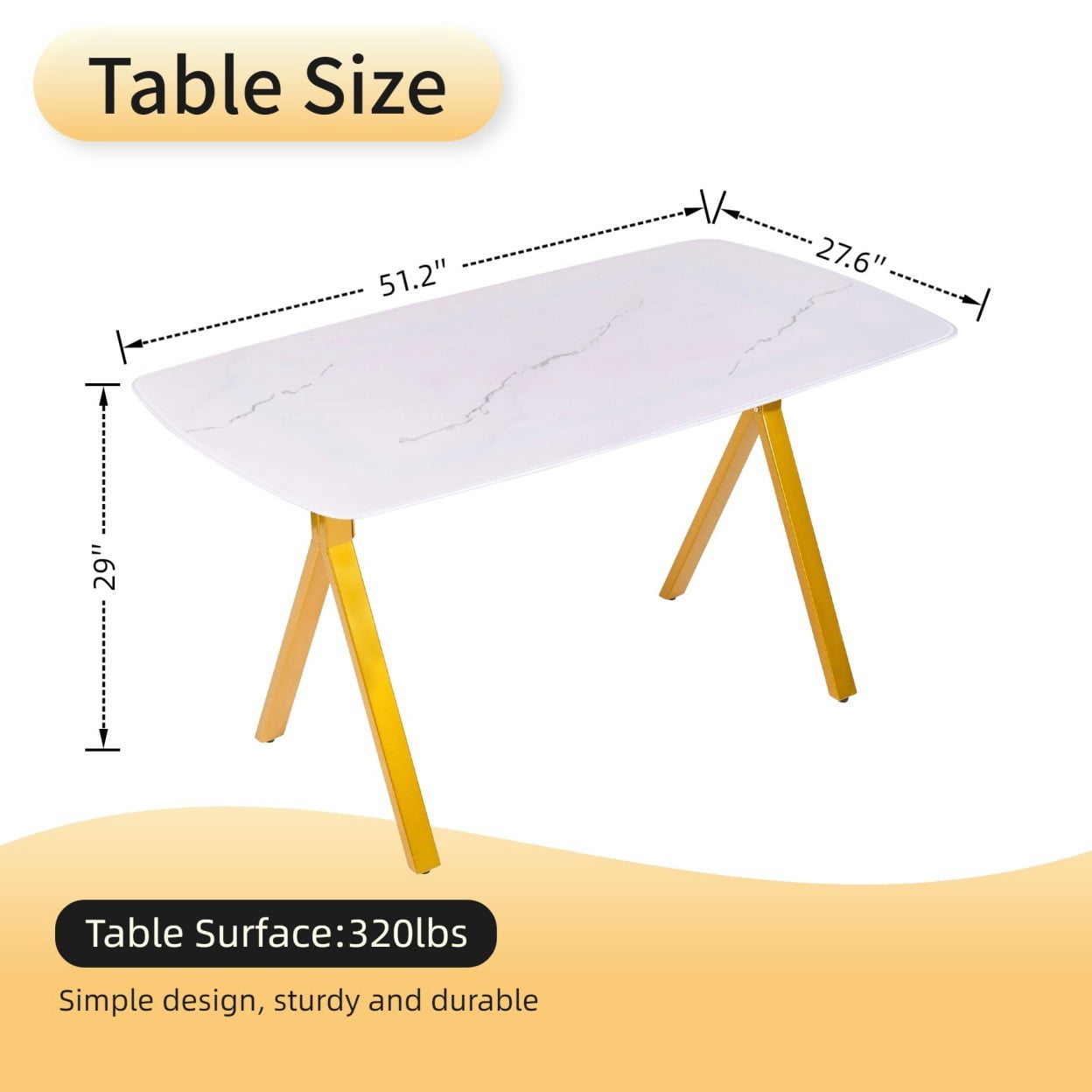 Modern Rectangular Dining Table with Faux Marble Tempered Glass Top, Gold Metal Legs, Elegant Kitchen Table for Dining Room, Restaurant, Family Meals & Gatherings, White