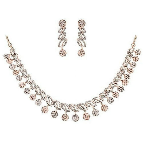Ratnavali Jewels Women's Silver Rose Gold Tone White Cubic Zirconia Floral Necklace Earrings Set for Brides & Weddings.