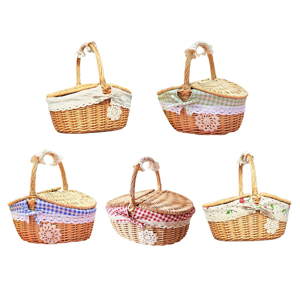 Wicker Picnic Basket, Country Style Japanese Handmade Woven Basket with Lid Handle and Liners, Perfect for Picnics, Party, Barbecue, Camping, 26X18X15CM