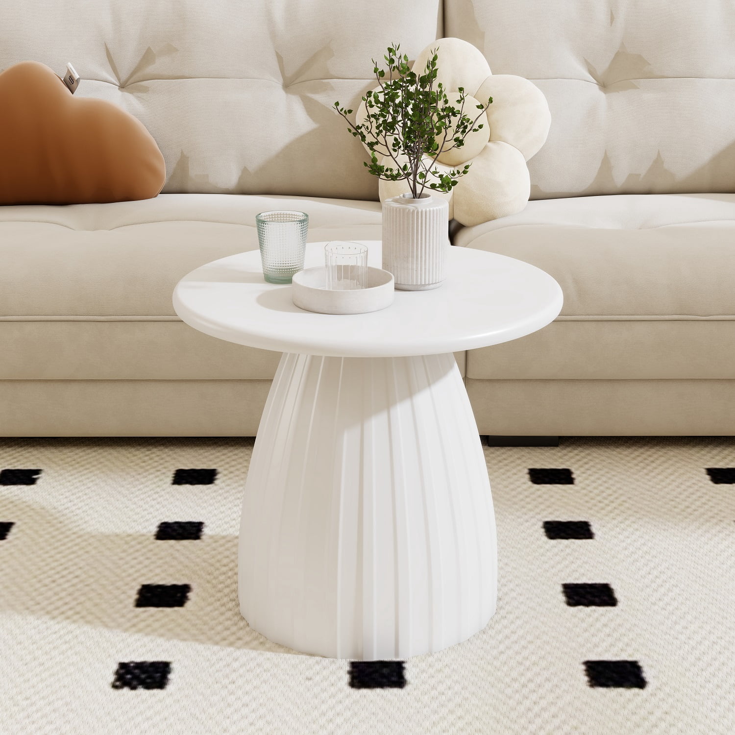 Round End Table for Living Room, Metal Small Side Table, Modern Nightstand Tea Table for Living Room, White