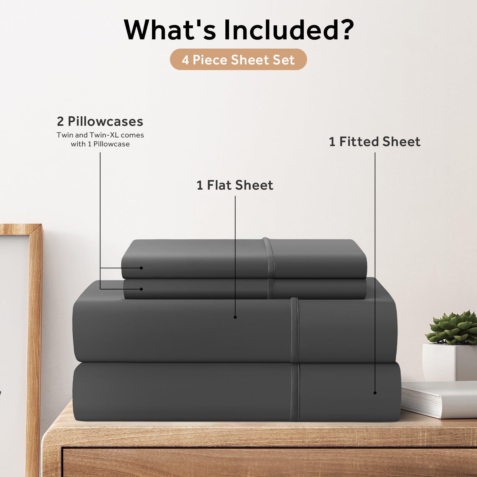 EMONIA Queen Bed Sheet Set 4-Piece with 14" Deep Pocket, Hotel Luxury Super Soft & Breathable Polyester Washed Cotton Fabric (Dark Gray)