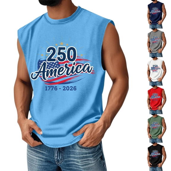American Flag Shirt for Men 4th Of July USA Muscle Sleeveless Tank Top 250 Anniversary USA Independence Day Patriotic Tee We the People Crew-Neck Tee Shirts,Blue S