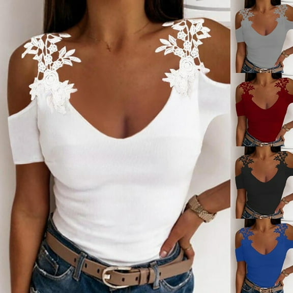 qolati Women's Summer Cold Shoulder Tops Elegant Floral Lace Slim Fit Round Neck T-Shirts Trendy Solid Color Short Sleeved Tunic Shirt