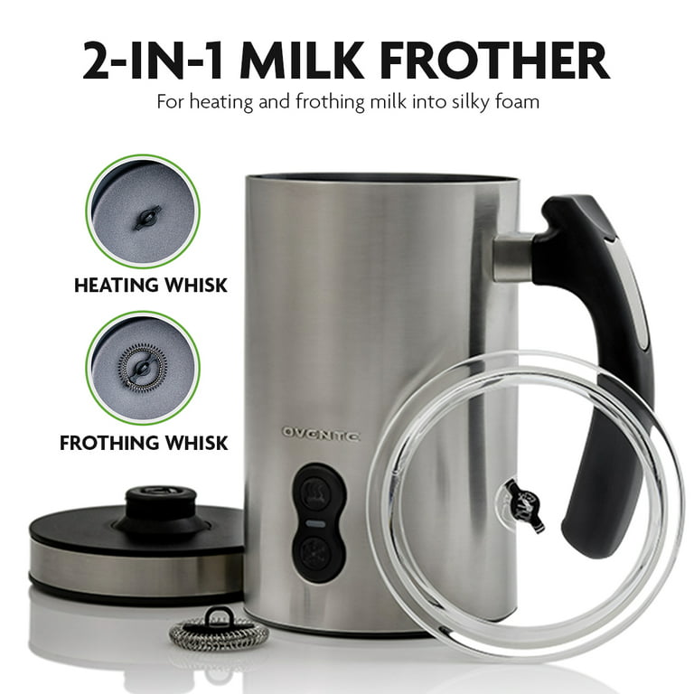 OVENTE 8.1 oz. White Stainless Steel Electric Milk Frother 3 in 1-Warming,  Heating and Frothing, See-Through Lid Plus Whisks FR1208W - The Home Depot