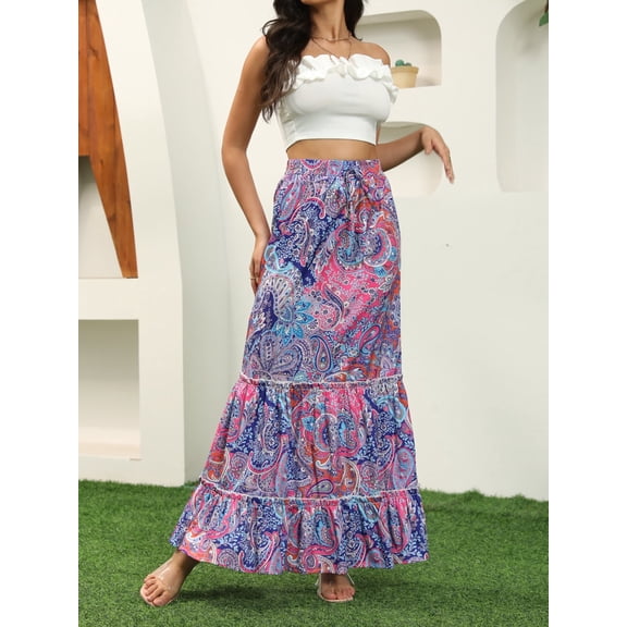 Women's Paisley Print Maxi Skirt Casual High Waist Tiered Ruffle Skirt Summer Boho Flowy Skirts S-2XL