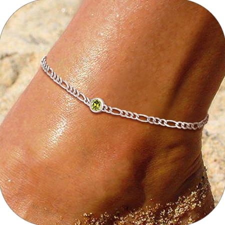 U7 Round Birthstone Anklet Bracelet for Women August Green Peridot Sterling Silver Figaro Anklet Charming Summer Jewelry Gift Beach Foot Chain for Daughter