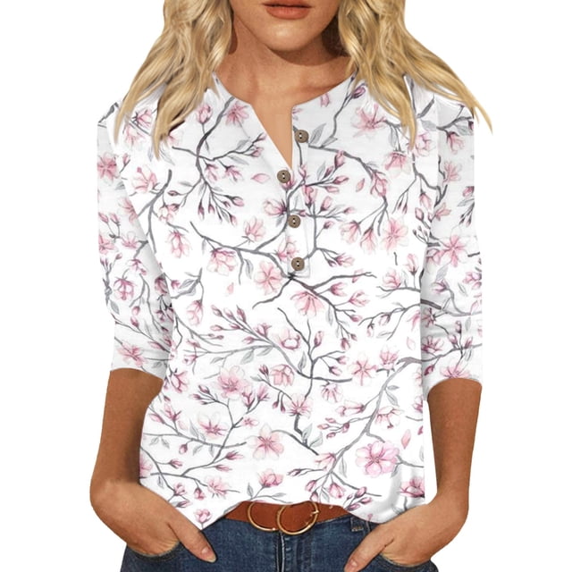 2025 Women Casual V Neck Layering Tees for Women Long Sleeve Colorful Gradient Geometric Print Under Scrub Women Long Sleeve Shirts Button Three Quarter Sleeve Basics Women T