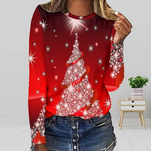 Camisas Navidenas Para Mujer Camisetas de Manga Larga Blusa Informal Holgada Con Cuello Redondo Estampada A La Moda Odeerbi ODB194714 Walmart en linea