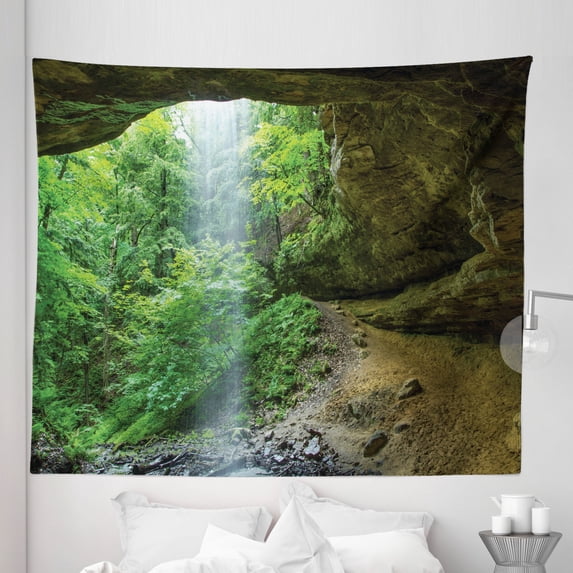 Green Tapestry, Canyon Michigan Caves Memorial Falls in the Forest Eco Foliage Picture, Fabric Wall Hanging Decor for Bedroom Living Room Dorm, 5 Sizes, Army and Fern Green, by Ambesonne