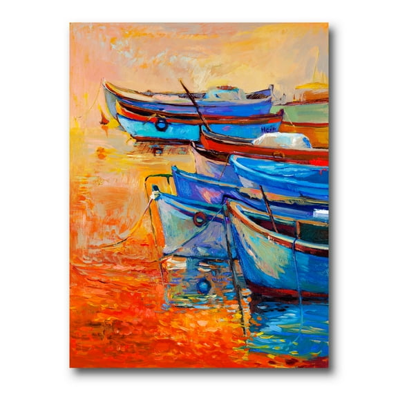 Designart ' Boats During Warm Sunset Resting On The Water VIII ' Nautical & Coastal Canvas Wall Art Print