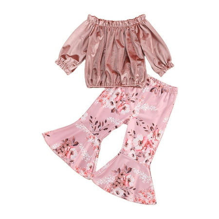 

Ducklingup Baby Toddler Long Sleeve Off-the-shoulder Top + Floral Print Flared Trousers