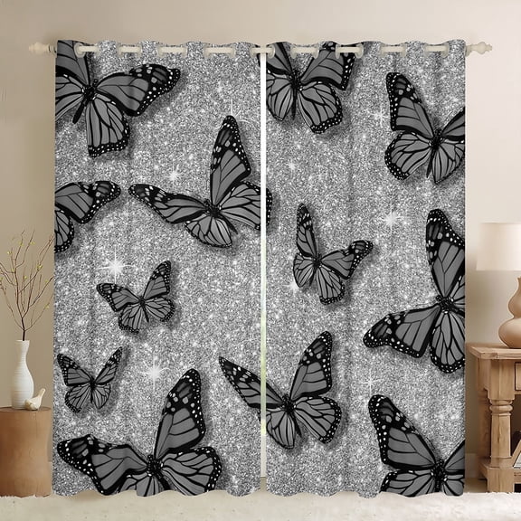 jejeloiu Chic Butterfly Curtains Pack of 2 (42x84 Each),Glitter Print Curtains Blackout,Dreamy Gray Black Bedroom Curtains For Girls,Microfiber Bedroom Decor