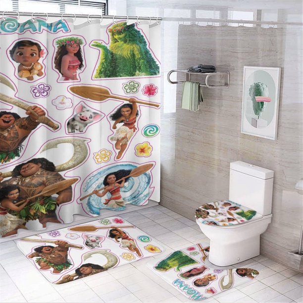 Juego de 4 cortinas de ducha Moana con alfombrillas antideslizantes, tapa de inodoro y alfombrilla de baño, cortina de ducha impermeable con decoración de dibujos animados para baño con 12 ganchos,