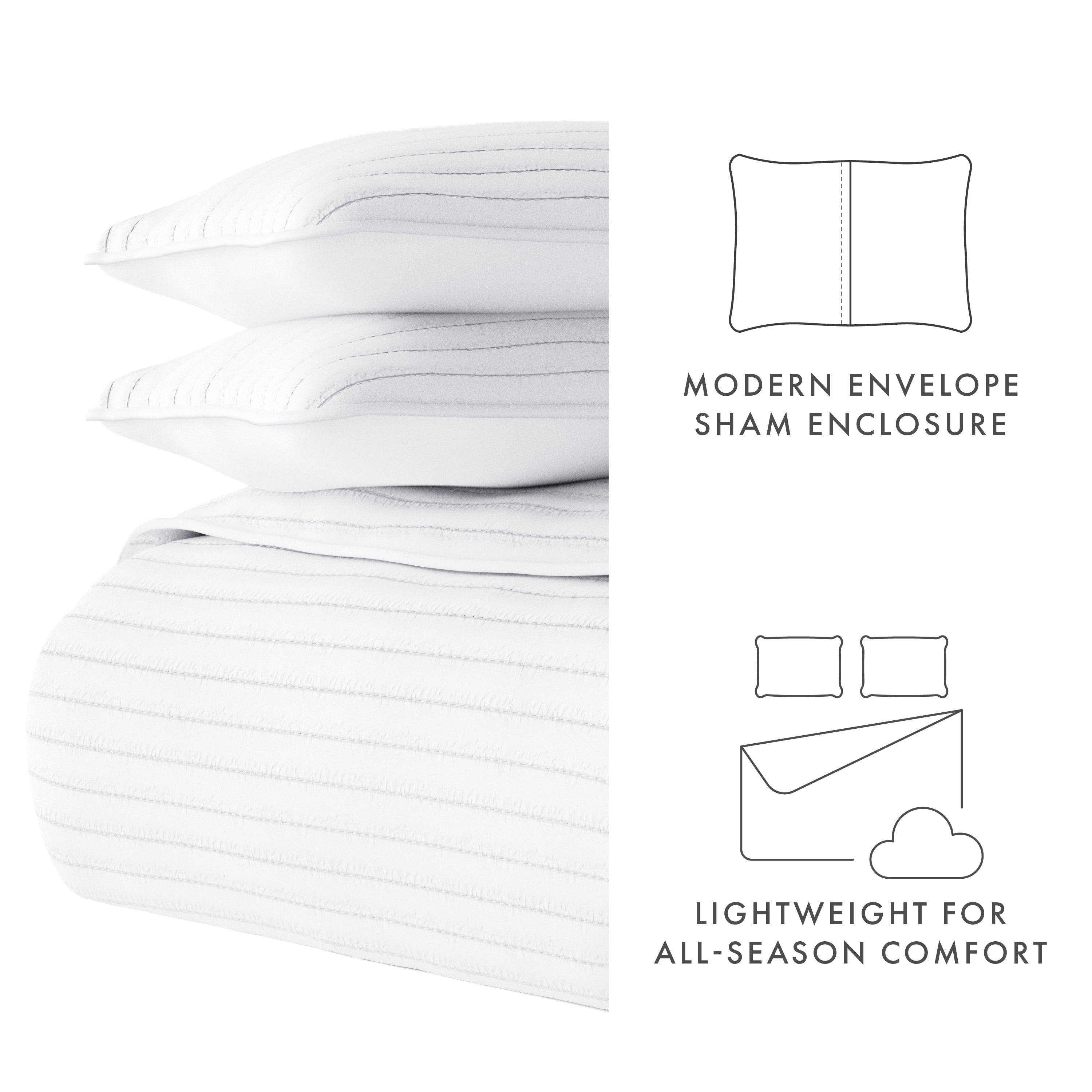 Noble Linens 3 Piece White Stripe Stitch Quilt Set, Queen / Full
