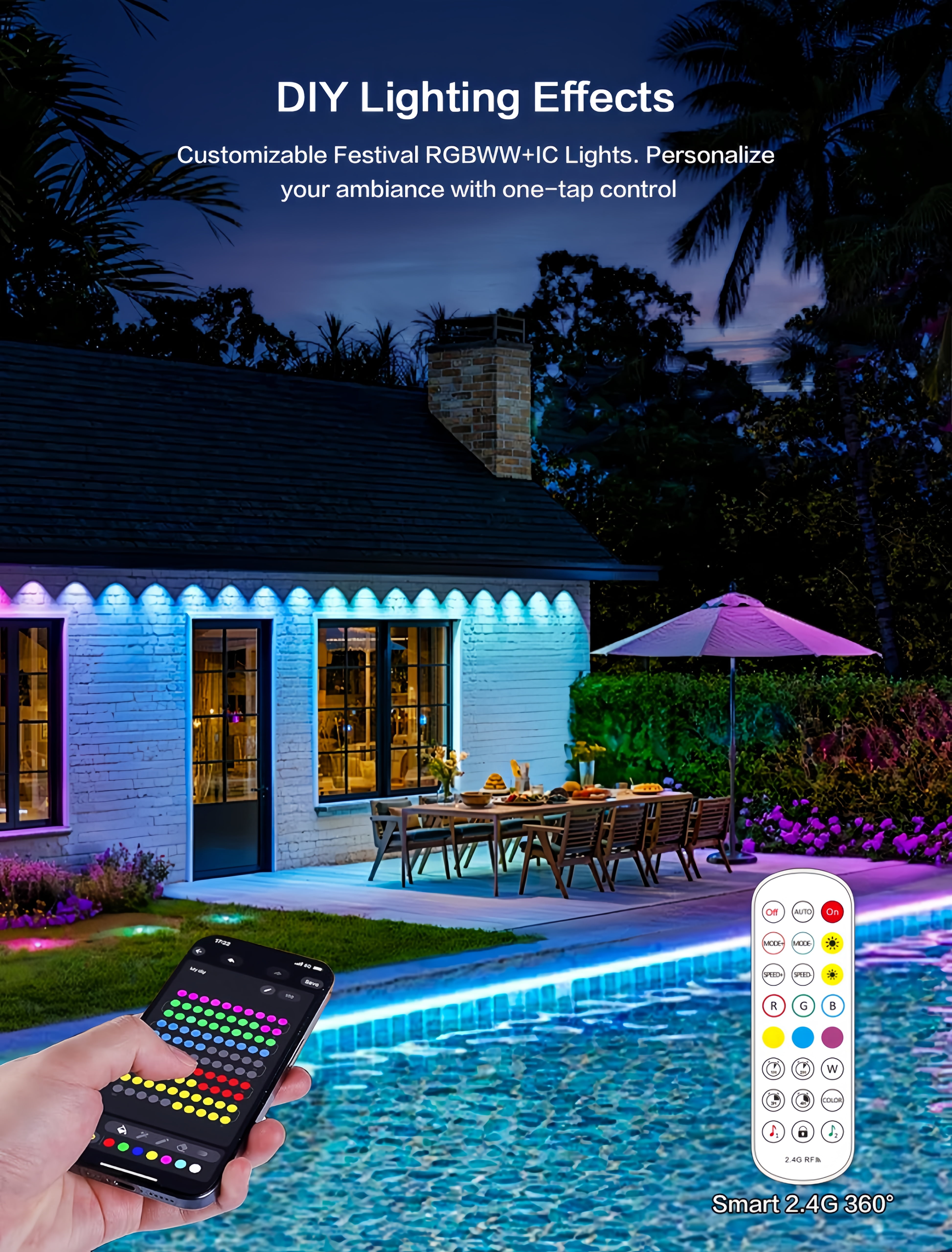 Permanent Outdoor Lights 150ft, RGBWW with IC Smart LED with 90 LED Lights, 50LM Per LED, IP68 Waterproof, App & Remote Control for Halloween Christmas Decor, Pool Party Decor and Daily Lighting, Wor