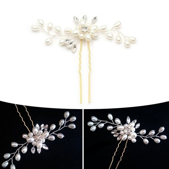MLINS 3pcs Women's Wedding Hairpin Rhinestone Crystal Pearls Handwork U Type Headwear Bridal Hair Accessories (Gold Pin-Silver Thread)