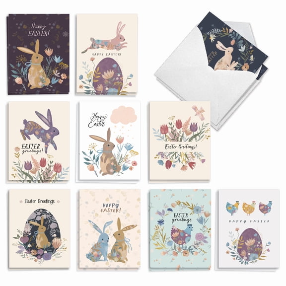 The Best Card Company 20 Assorted Easter Note Cards Box Set 4 x 5.12 Inch with Envelopes (10 Designs, 2 Each) Pastel Bunnies AM10435EAG-B2x10