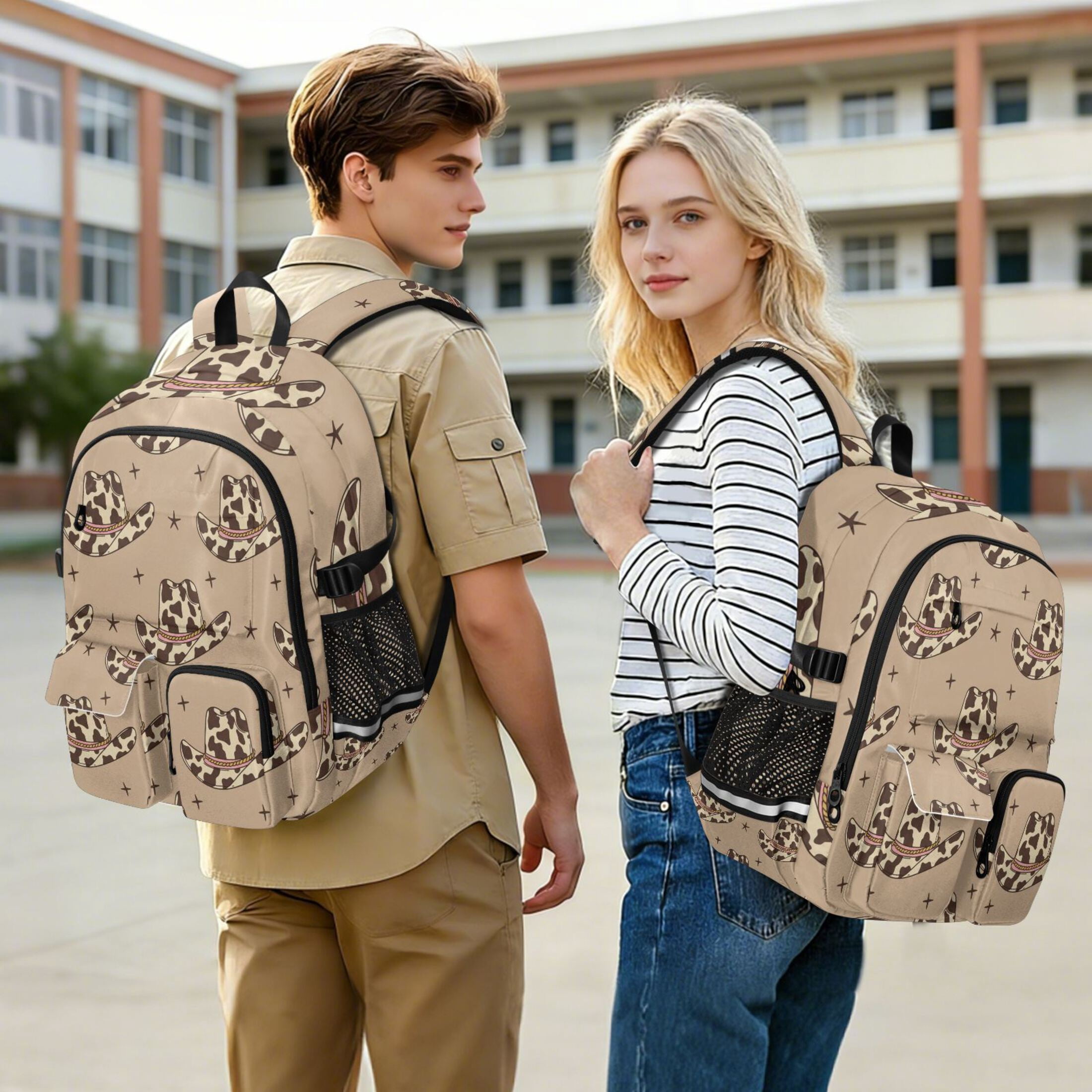 DIXRUYEE Retro Cowboy Hats with Cow Print Wild West Backpack for School 14”Laptop Compatible with Reflective Safety Strips