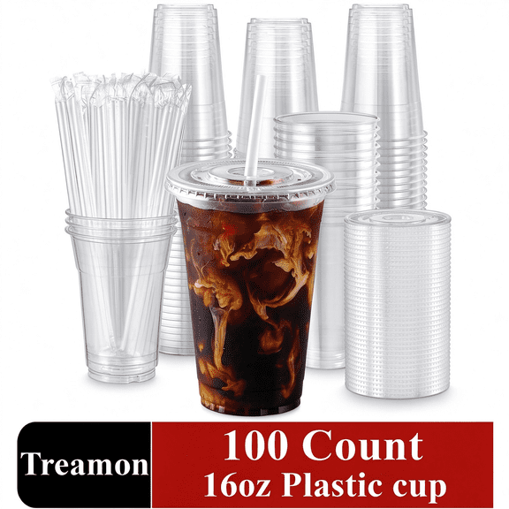 Treamon Clear Plastic Cups with Lids and Straws, Disposable Party Iced Coffee Cups, 16 oz, 100 Count