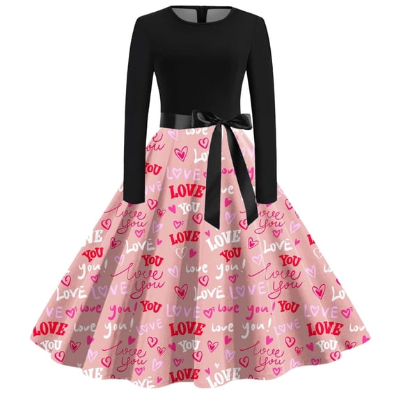 Xmyrz Valentine's Day Holiday Dresses For Women Stylish Long Sleeve Print Round Neck Midi Dress Softable Outdoor Casual Dresses Birthday Dresses