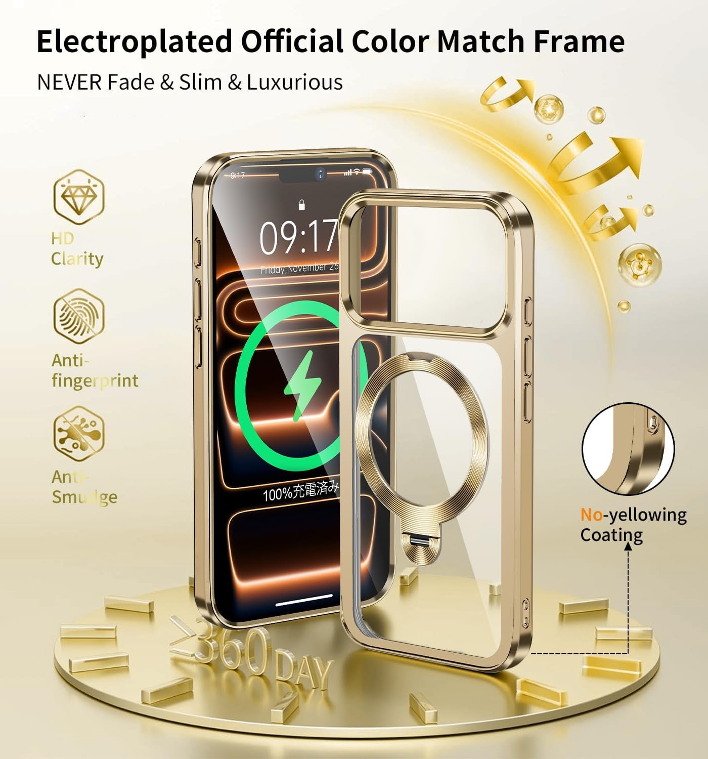 JETeacka CD Metal Ring & Invisible 360° Spin Stand Magnetic Case for iPhone 17 Pro Electroplated Bumper Compatible with MagSafe Slim Clear Cover-Gold