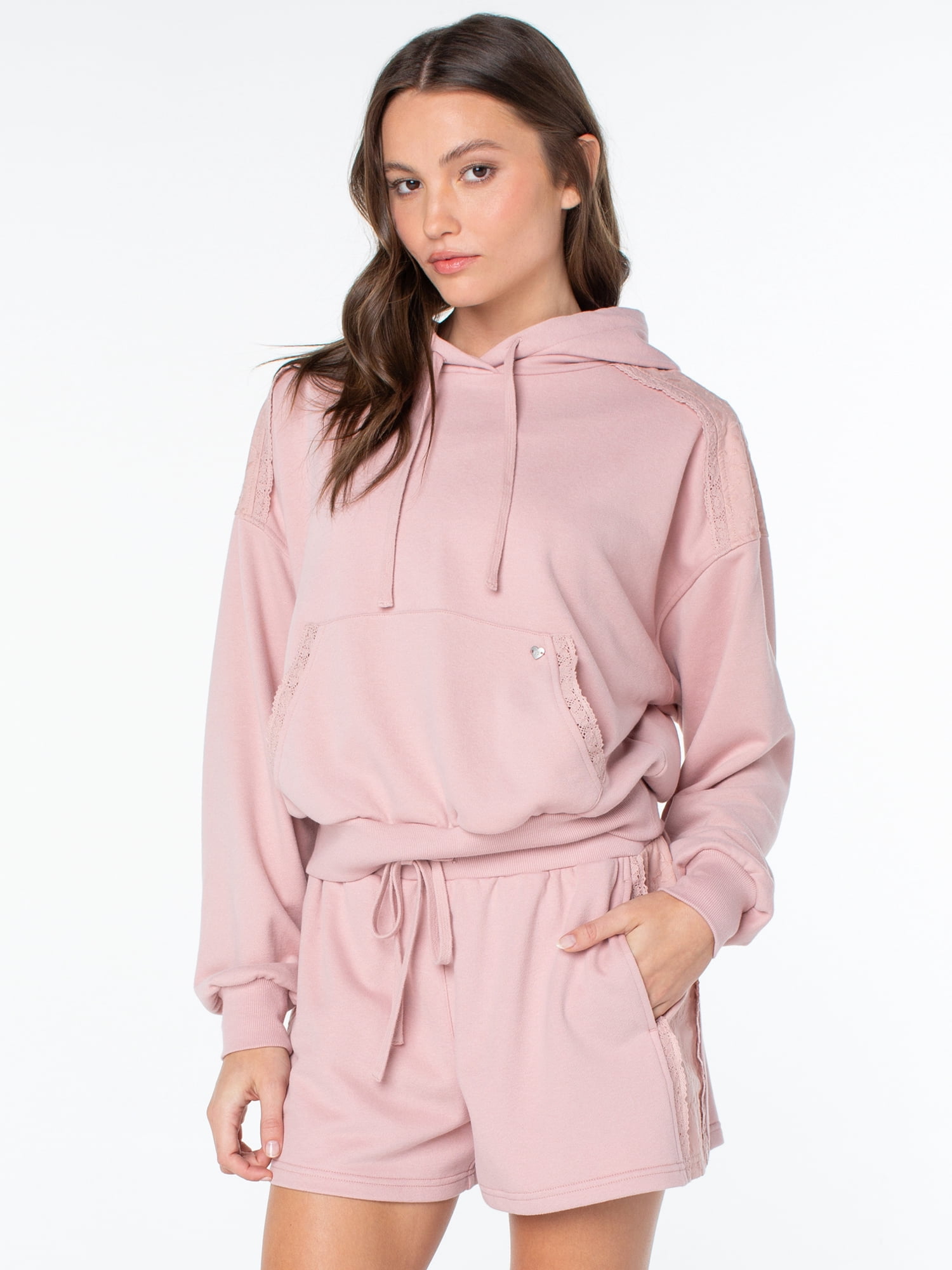 Celebrity Pink Women's and Women's Plus Lace Trim Hoodie Sweatshirt, Sizes XS-4X