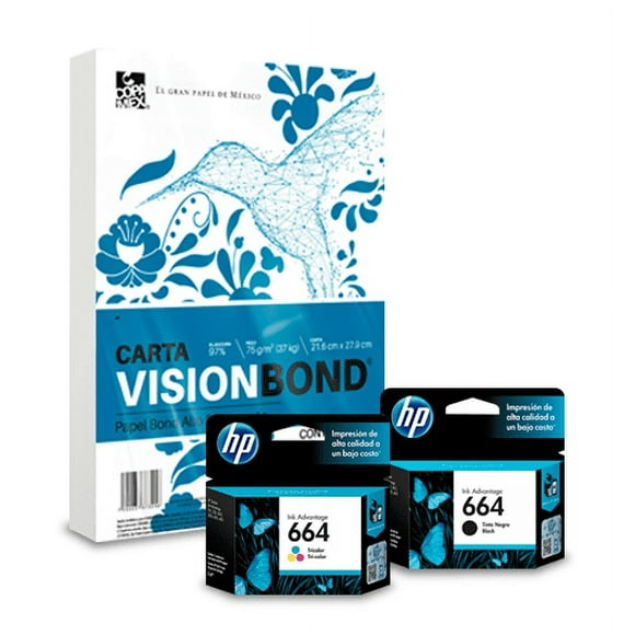 Combo de 2 cartuchos de tinta HP 664 Negro y Tricolor Paquete de hojas blancas