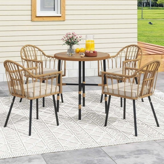 Craftian 5 Pieces Outdoor Patio Dining Table Set,Wicker Patio Table with Umbrella Hole and Chairs Set of 4 - Beige