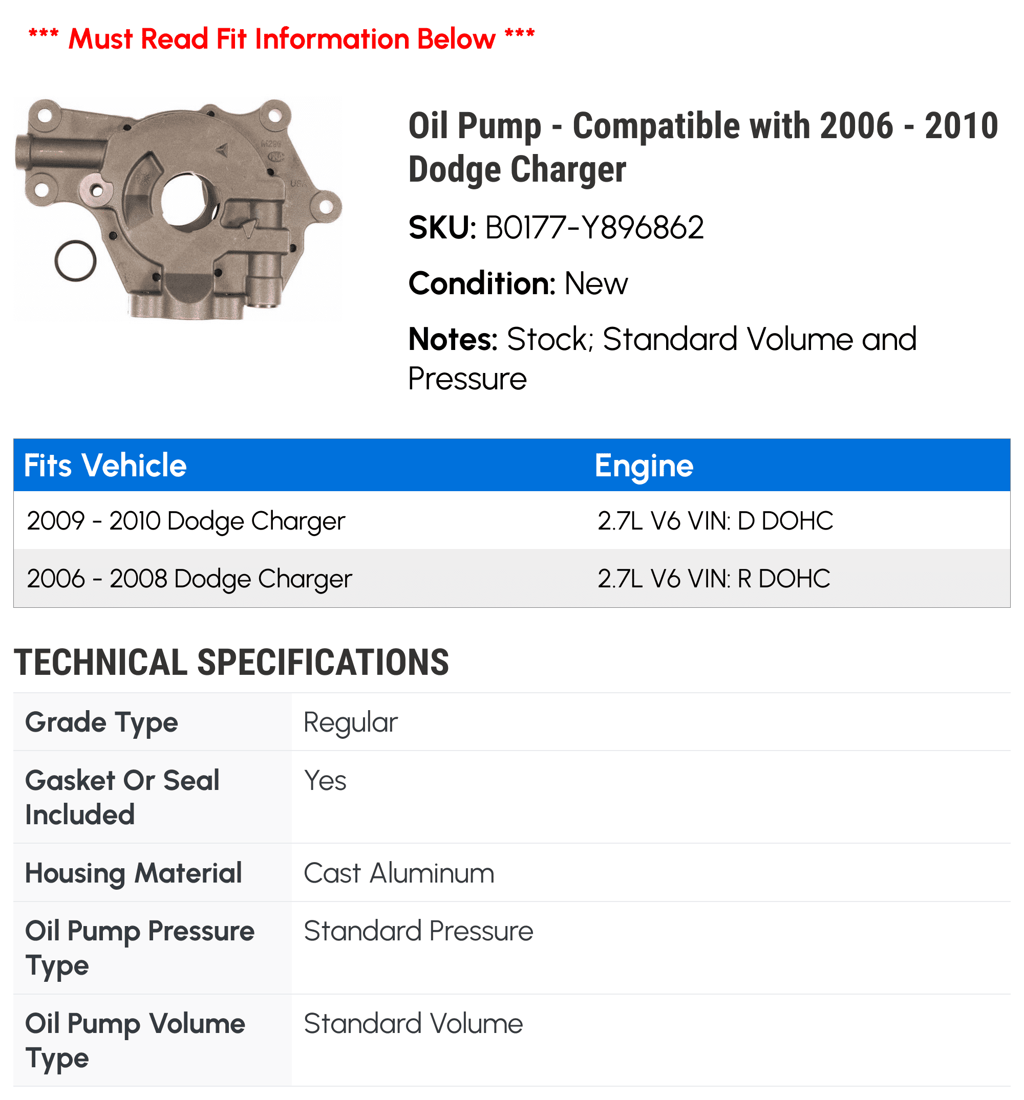 Oil Pump Compatible with 2006 2010 Dodge Charger 2007 2008 2009 