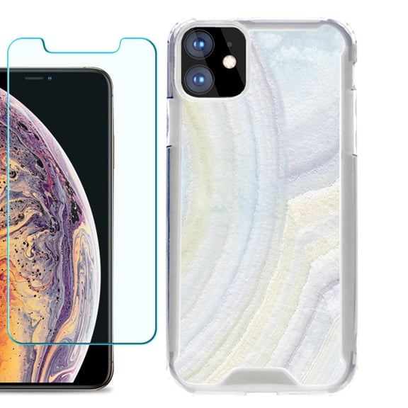 For Apple iPhone 11 Case, Hybrid Bumper Phone Case, with Tempered Glass Screen Protector, by OneToughShield ® - Marble / Rainbow