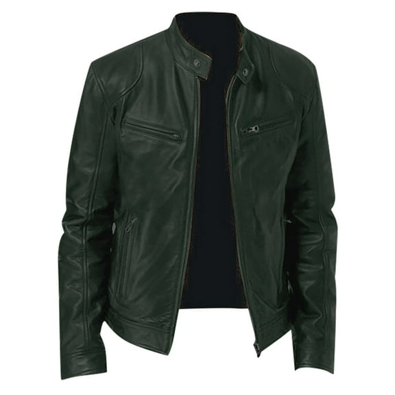 Men's Leather Jacket, Solid Color Long Sleeve Slim Casual Biker Coat for Fall Winter Motorcycle Ride and Outdoor Wear,Army Green,L
