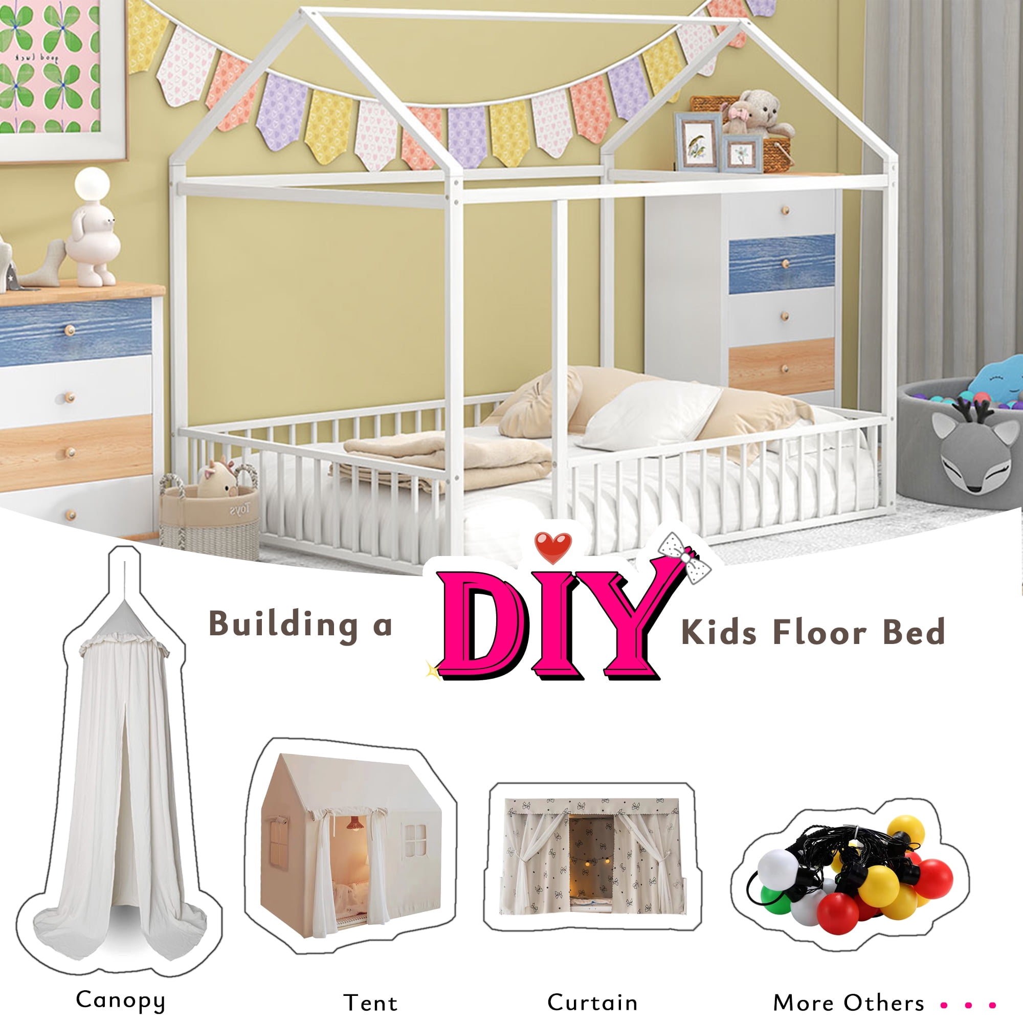 Full Size Metal House Bed Frame with Rails, Montessori Floor Bed without Slats (White)