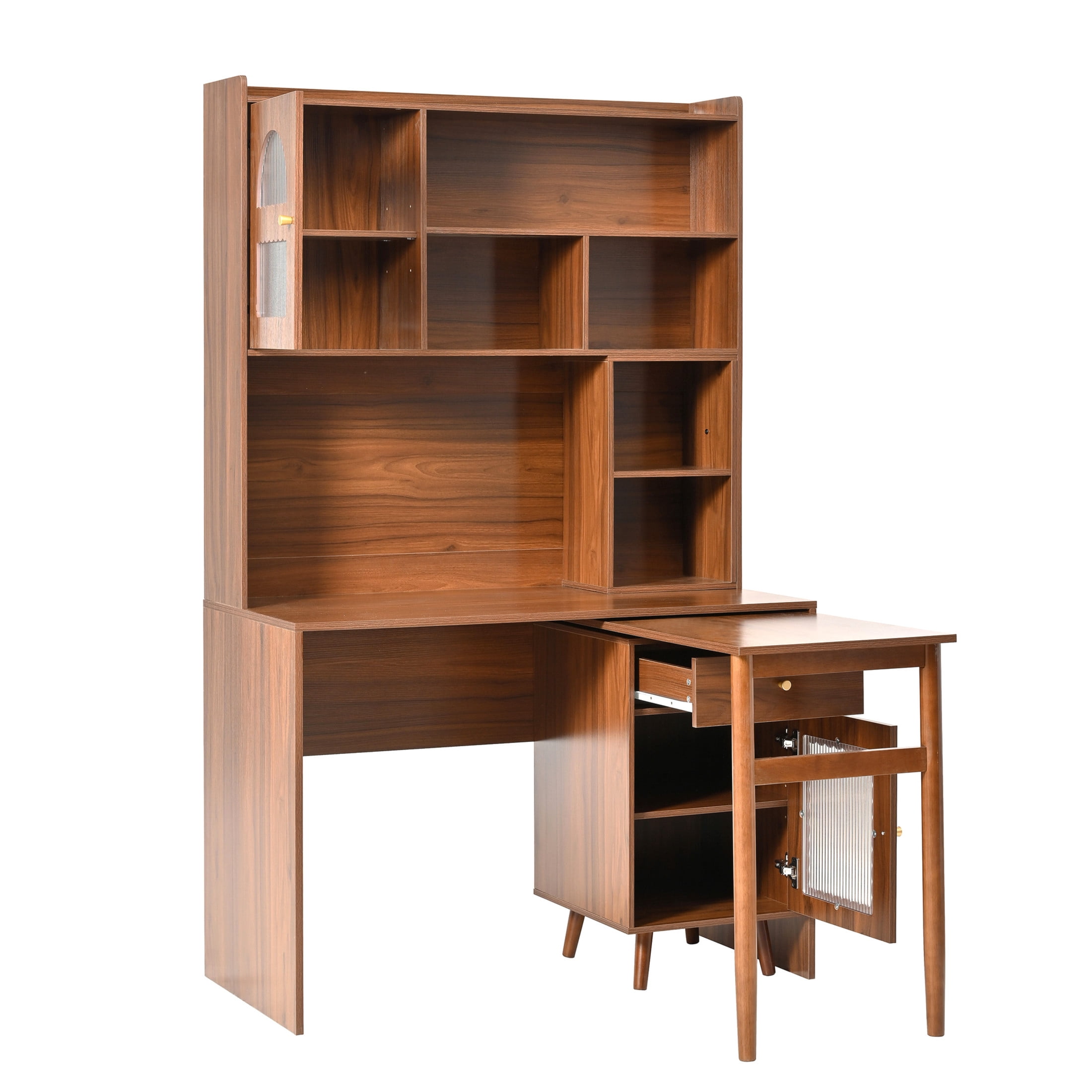 Noble House Rotating Computer Desk with Storage Cabinets, Shelves and Drawer, Walnut
