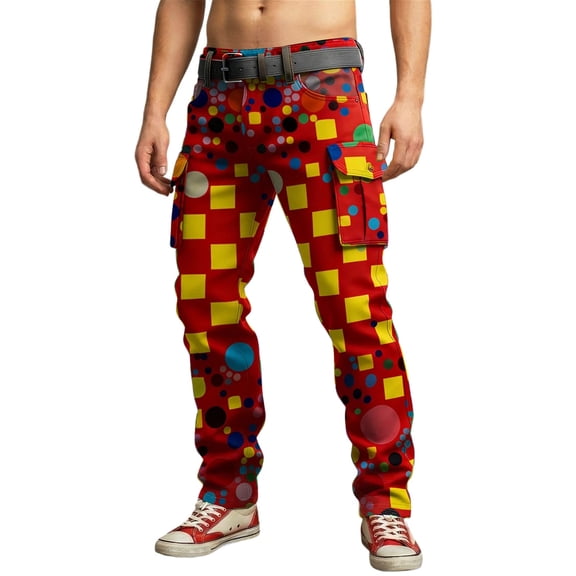 XIAONU Mens Polka Dot Check Print Pants Relaxed Full Length Belted Trousers Breathable Casual Street Bottoms