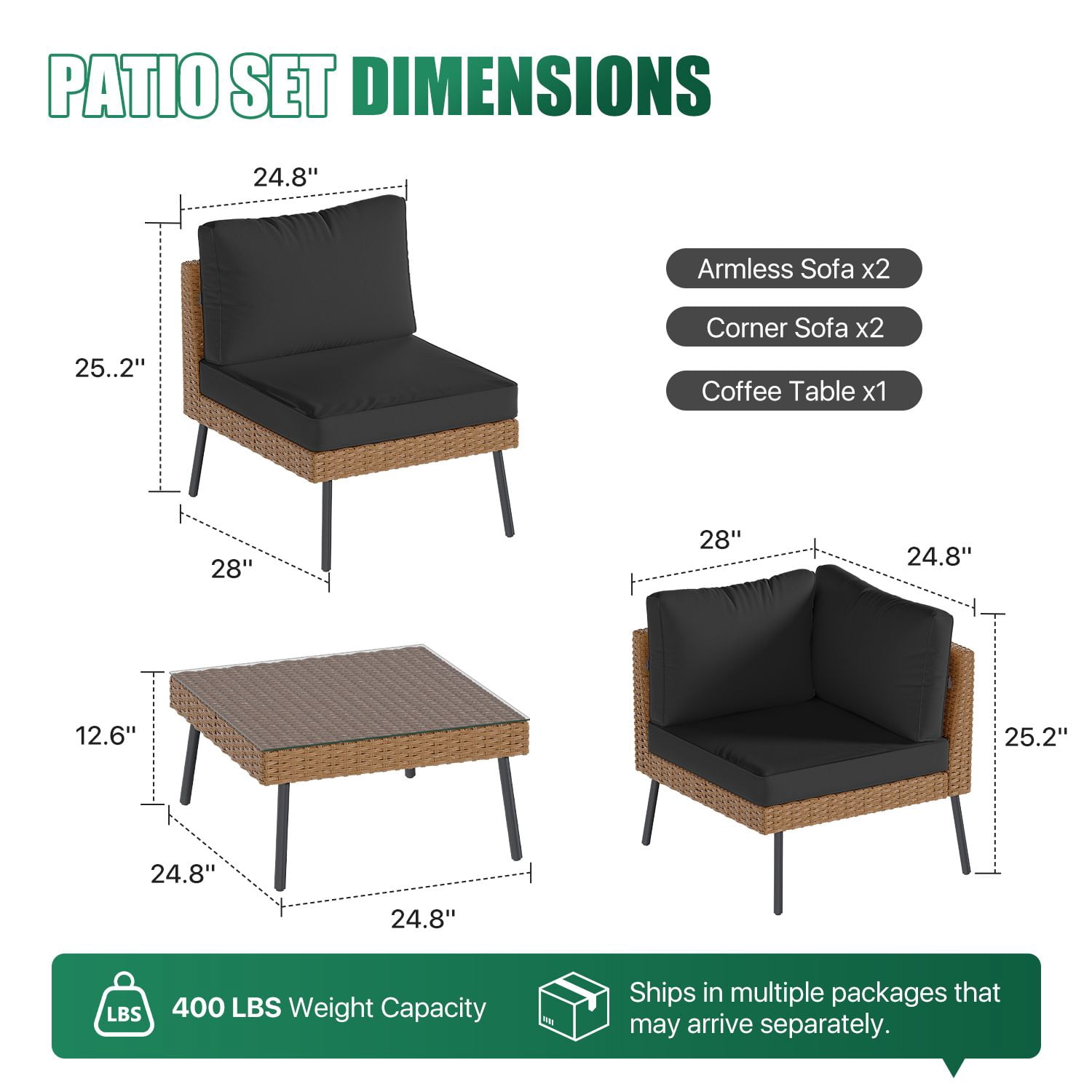 BaPiPro 5-Piece Black Wicker Patio Sectional Conversation Set, Water Resistant Cushions & Coffee Table for Backyard Poolside
