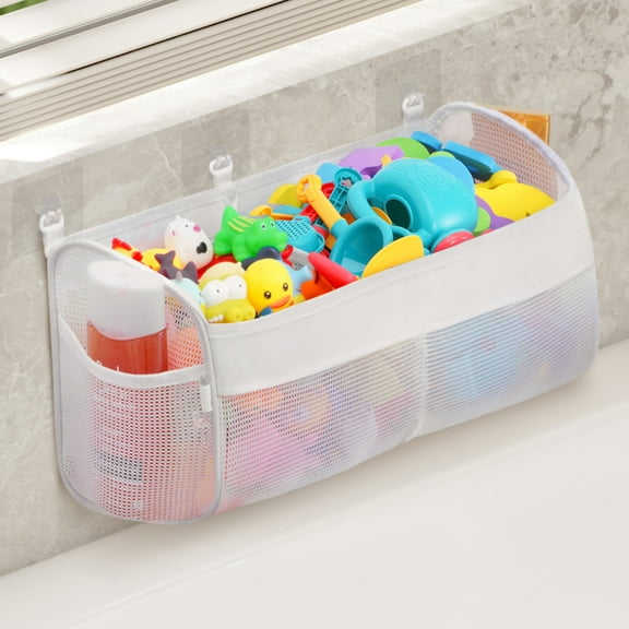 Lifewit 2 Compartment Bath Toy Storage, Horizontal Wide Openings Bathtub Toy Organizer, Wall-Mounted Shower Toy Holder with 3 Hooks, Large Capacity for Quick Access and Sorting of Toddler Toys