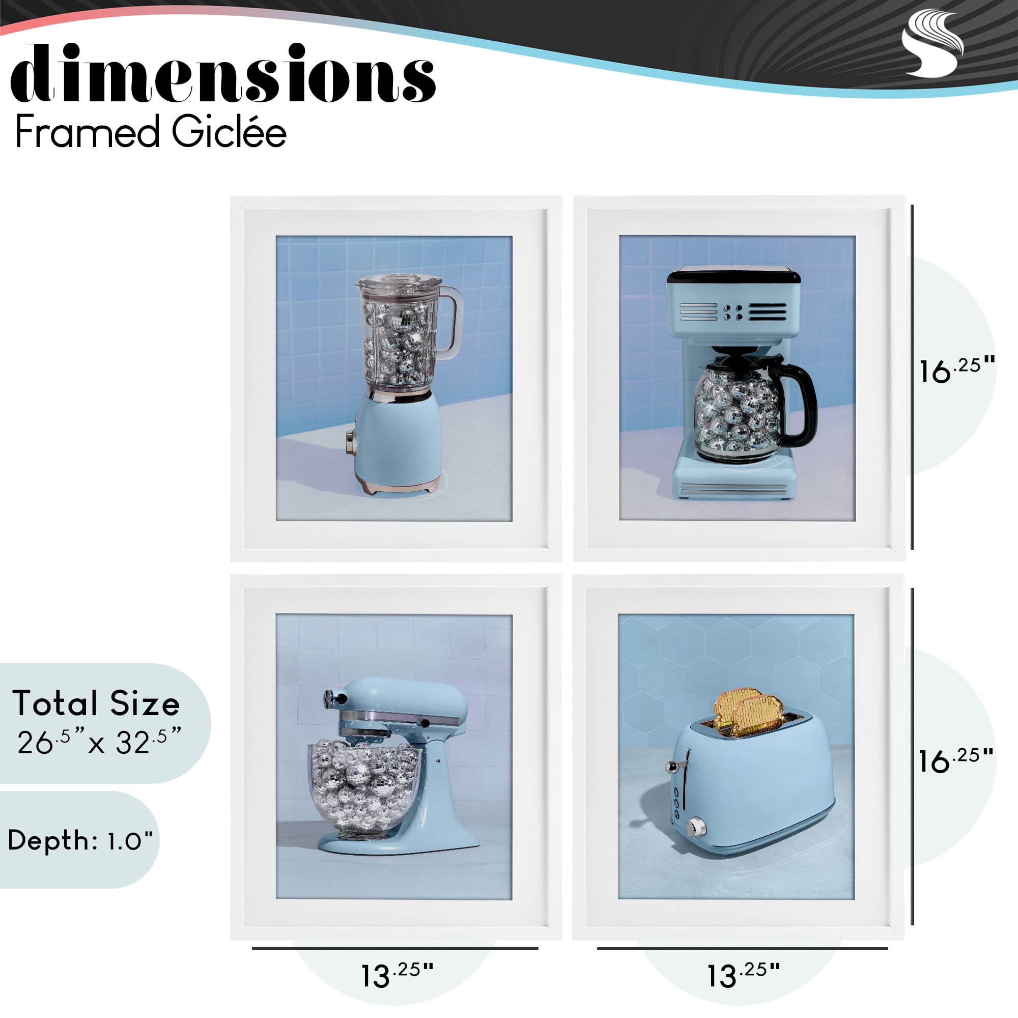 Stupell Industries Disco Kitchen Set over Blue 4 Piece White Framed Print Under Glass Set, design by LISH Creative