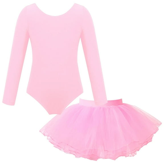 Long Sleeve Gymnastics Leotard Tulle Tutu Skirt Outfit Dance Training Workout Performance Bodysuit