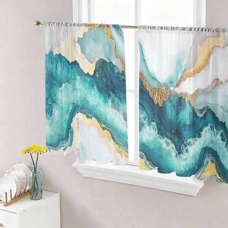 Abstract Marble Semi Sheer Curtains 45 Inch Length 2 Panels Set Turquoise Abstract Golden Foil Texture Sheer Kitchen Curtain Privacy Voile Window Curtain for Living Room Bedroom Rod Pocket Drapes
