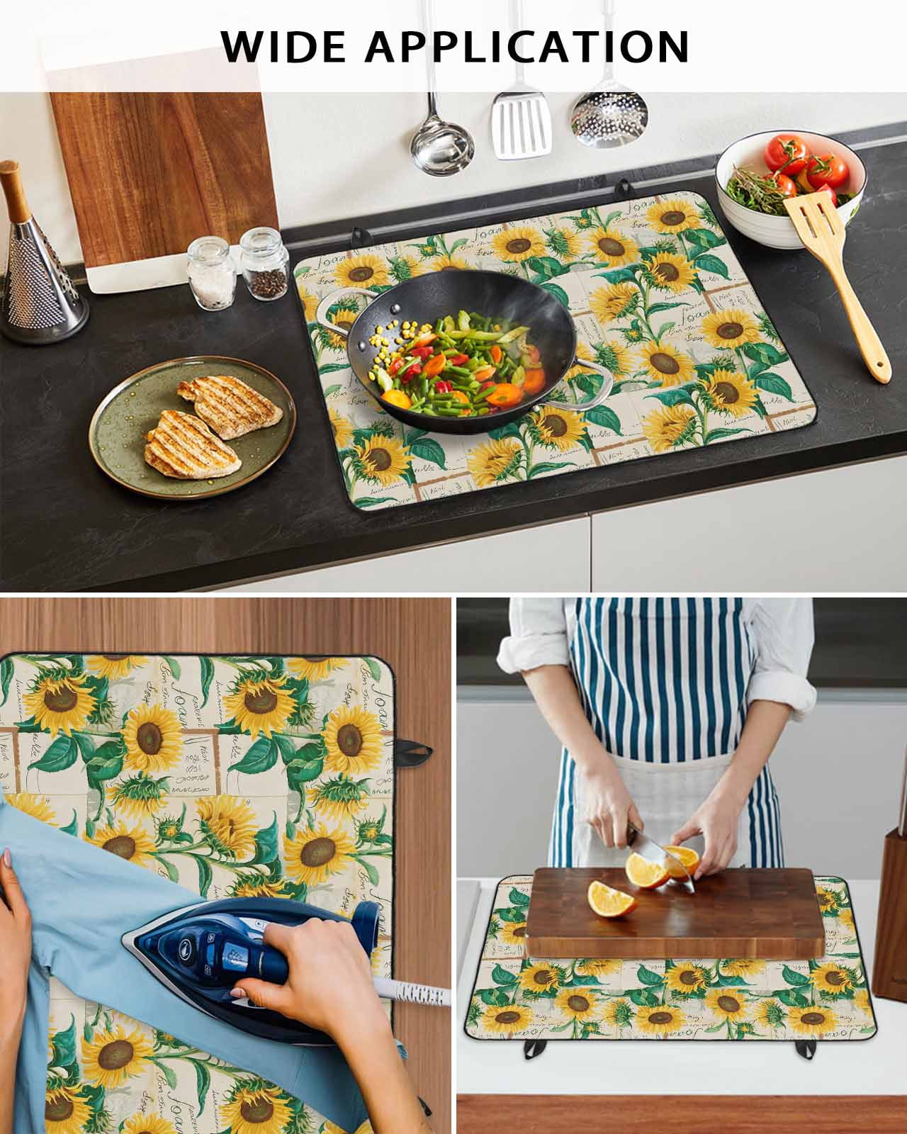 nqOlkjepod Large Induction Cooktop Protector Mat 24"x21", Spring Yellow Sunflowers Stove Top Covers for Electric Stove, Green Leaves Retro Floral Country Stove Burner Cover Mats Stove Cover