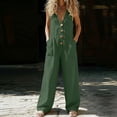 thumbnail image 2 of fheaev Jumpsuit for Women Sleeveless Button V Neckwide Leg Loose Fit with Pockets Casual Summer Going Out Everyday Wear Green M, 2 of 6