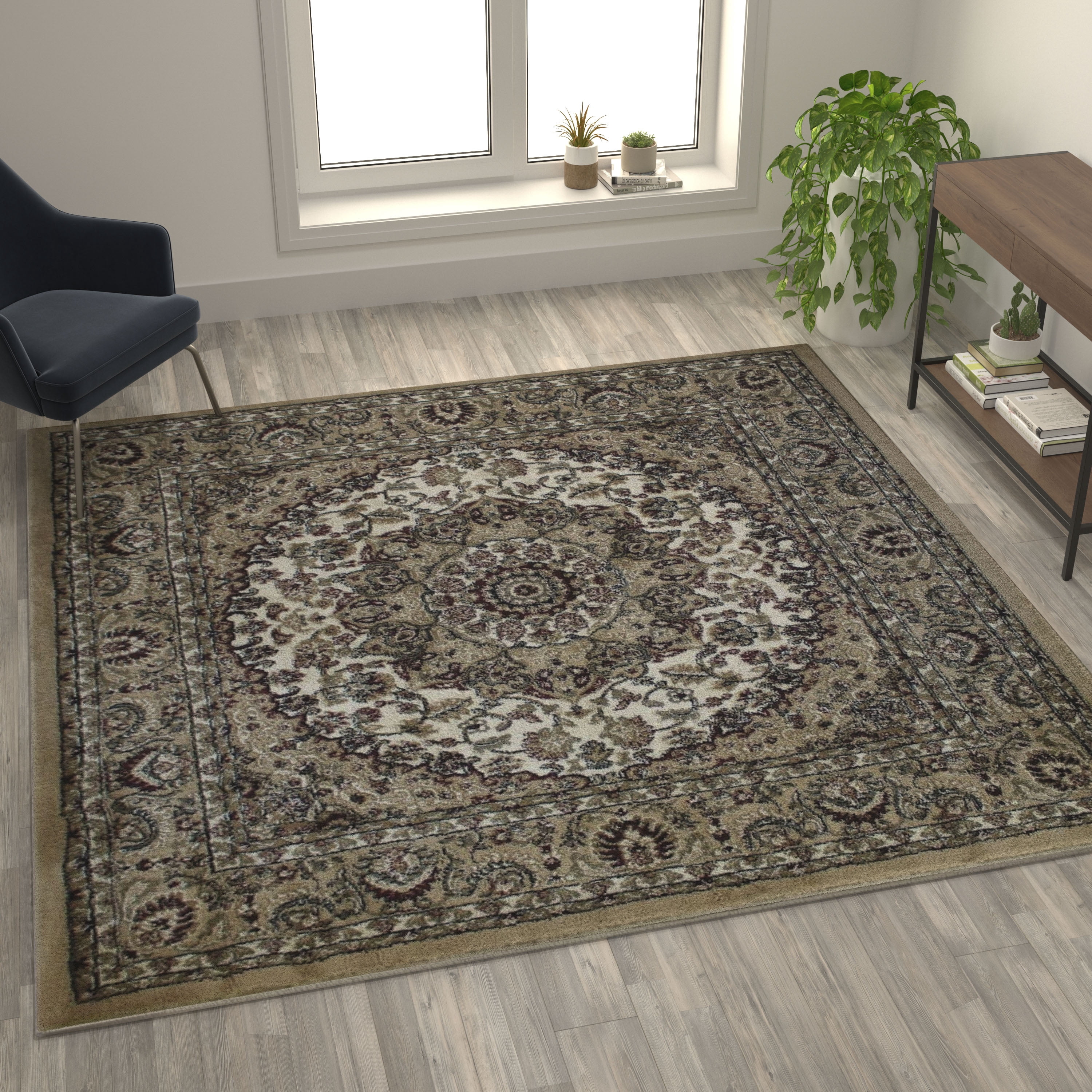 Flash Furniture Mersin Collection Square Traditional Black, Burgundy, Green, Beige, Ivory Area Rug, 7' x 7'