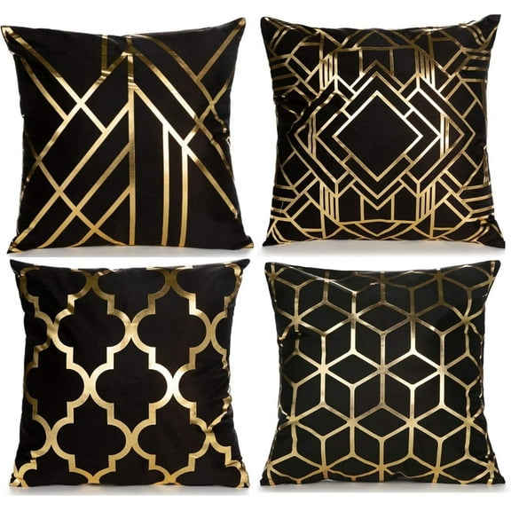 WYZCTTD Home Decorative Set of 4 Throw Pillow Covers Gold Foil Pillow Covers 18 ×18 inch (Black and Gold)